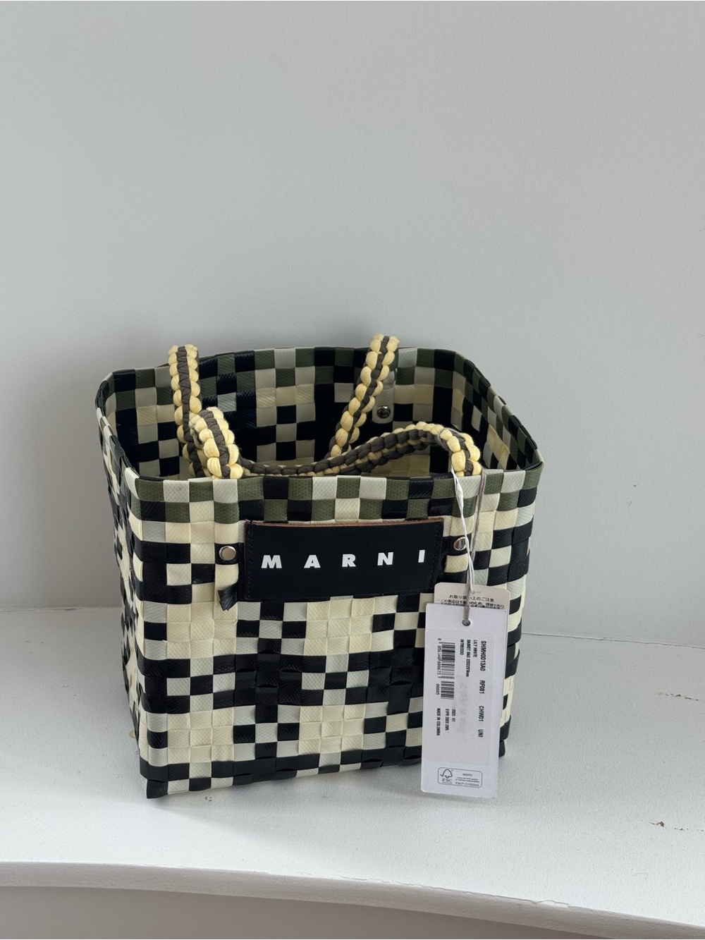 Marni Black, Cream & Yellow Woven Checker Tote - Picture 2 of 6